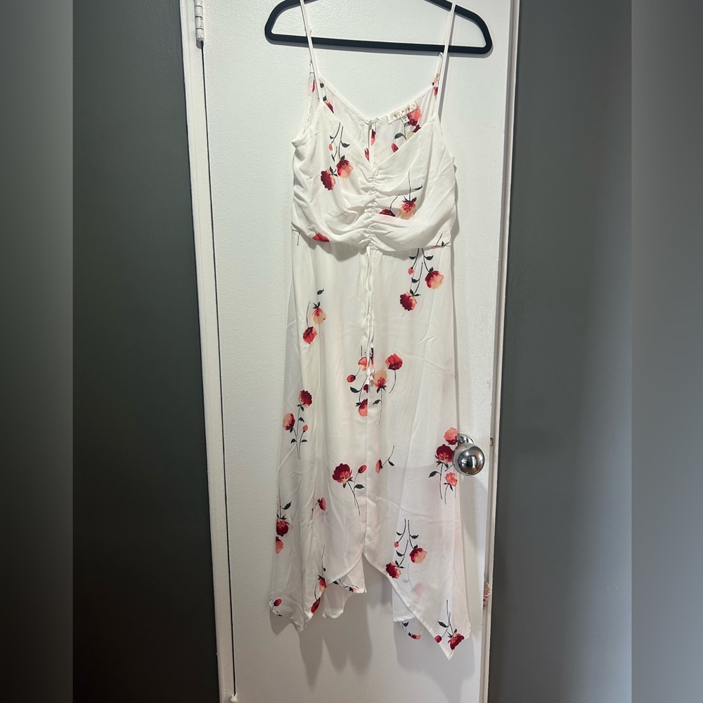 Row-A handkerchief hem white floral midi dress